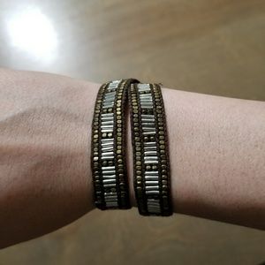 Lucky Brand two tone metal & leather wrap bracelet