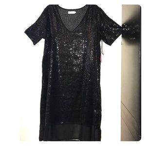 Sheer black sequinned shift dress