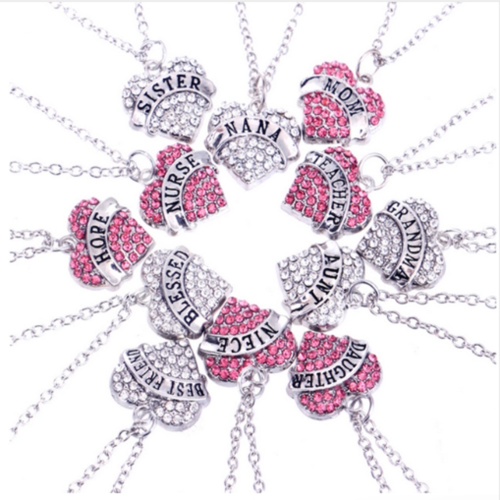Sister Pink Crystal Heart Love Pendant Necklace - Picture 1 of 2
