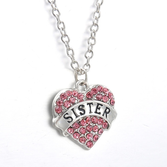 Sister Pink Crystal Heart Love Pendant Necklace - Picture 2 of 2