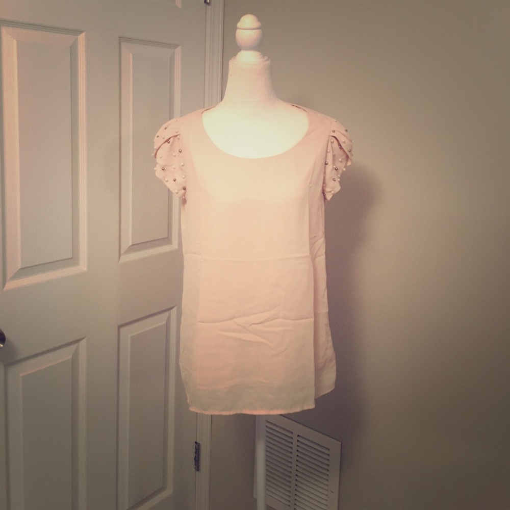 Blush chiffon top with beading on sleeves Small