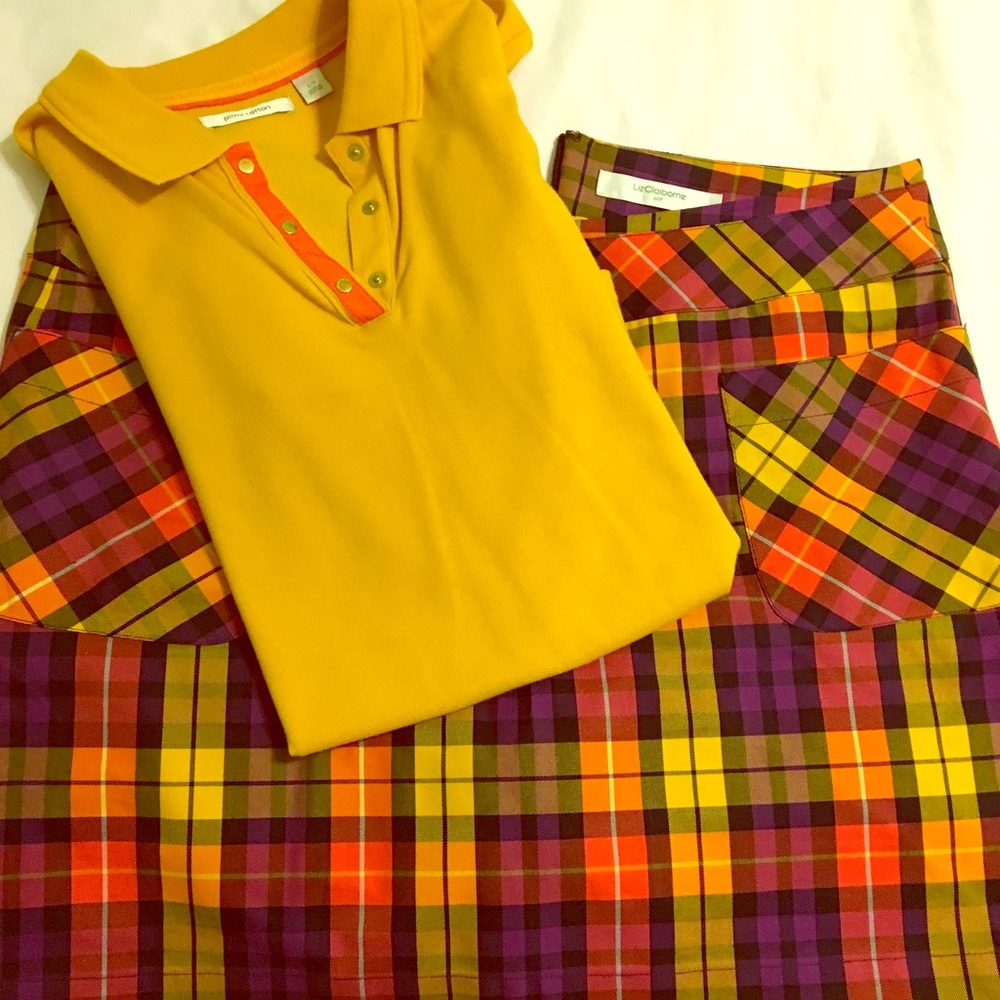 Liz Claiborne mustard shirt with checkered skirt