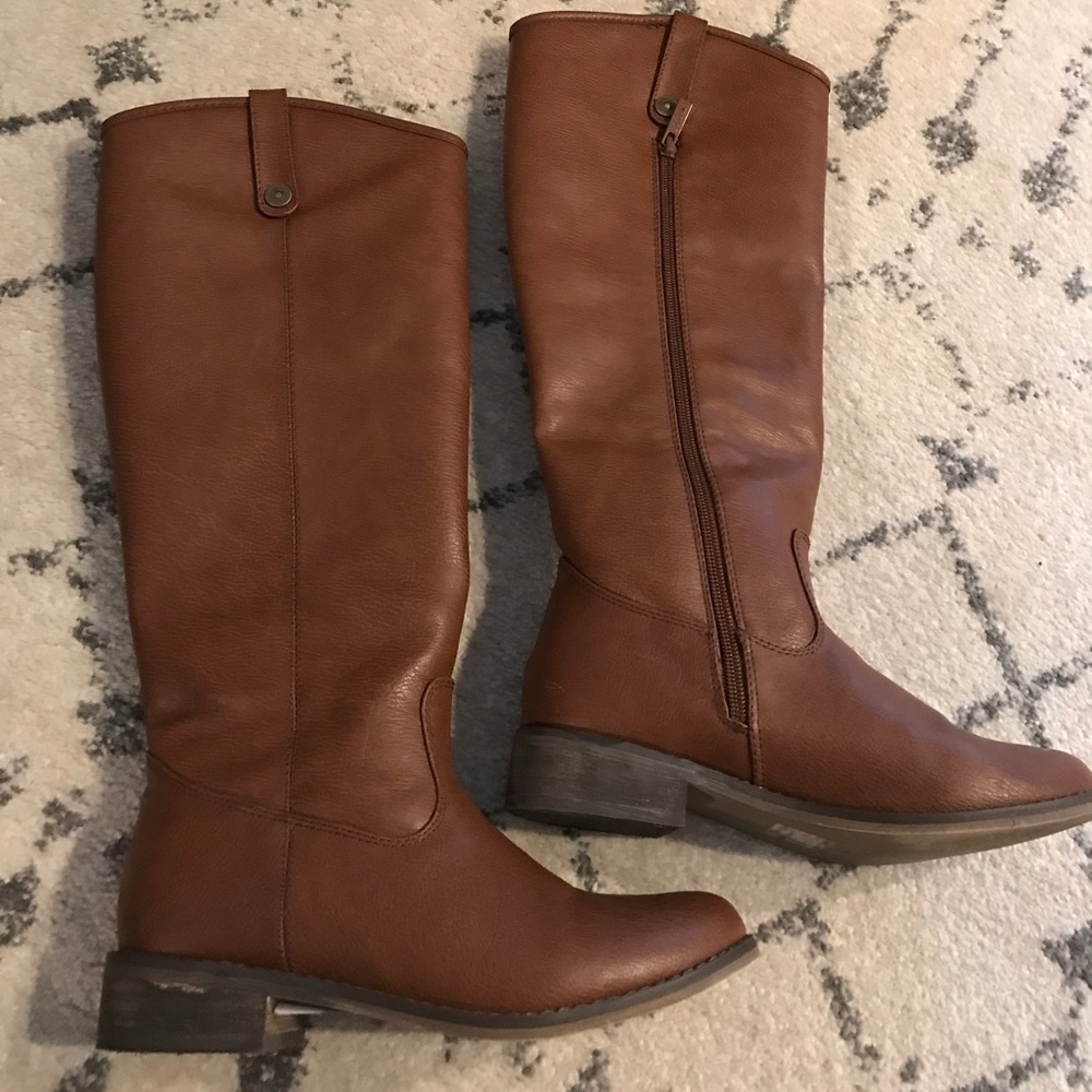 Brown faux leather knee high boots