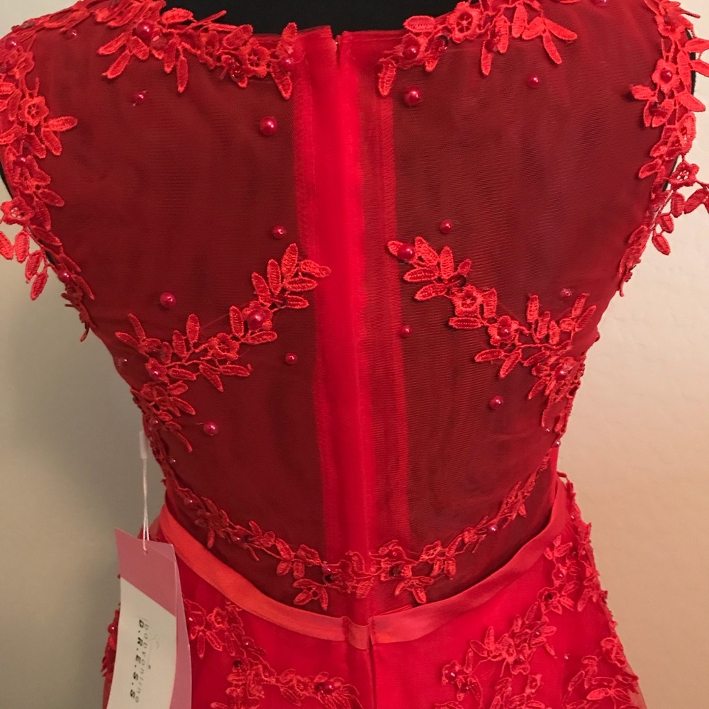 Red chiffon lace flower cocktail dress