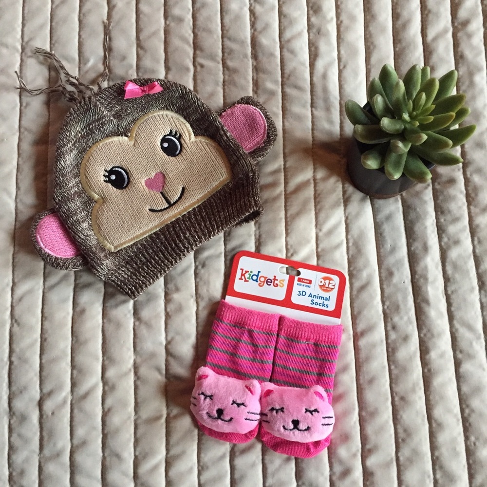 NWT infant cat socks and NWOT infant monkey hat