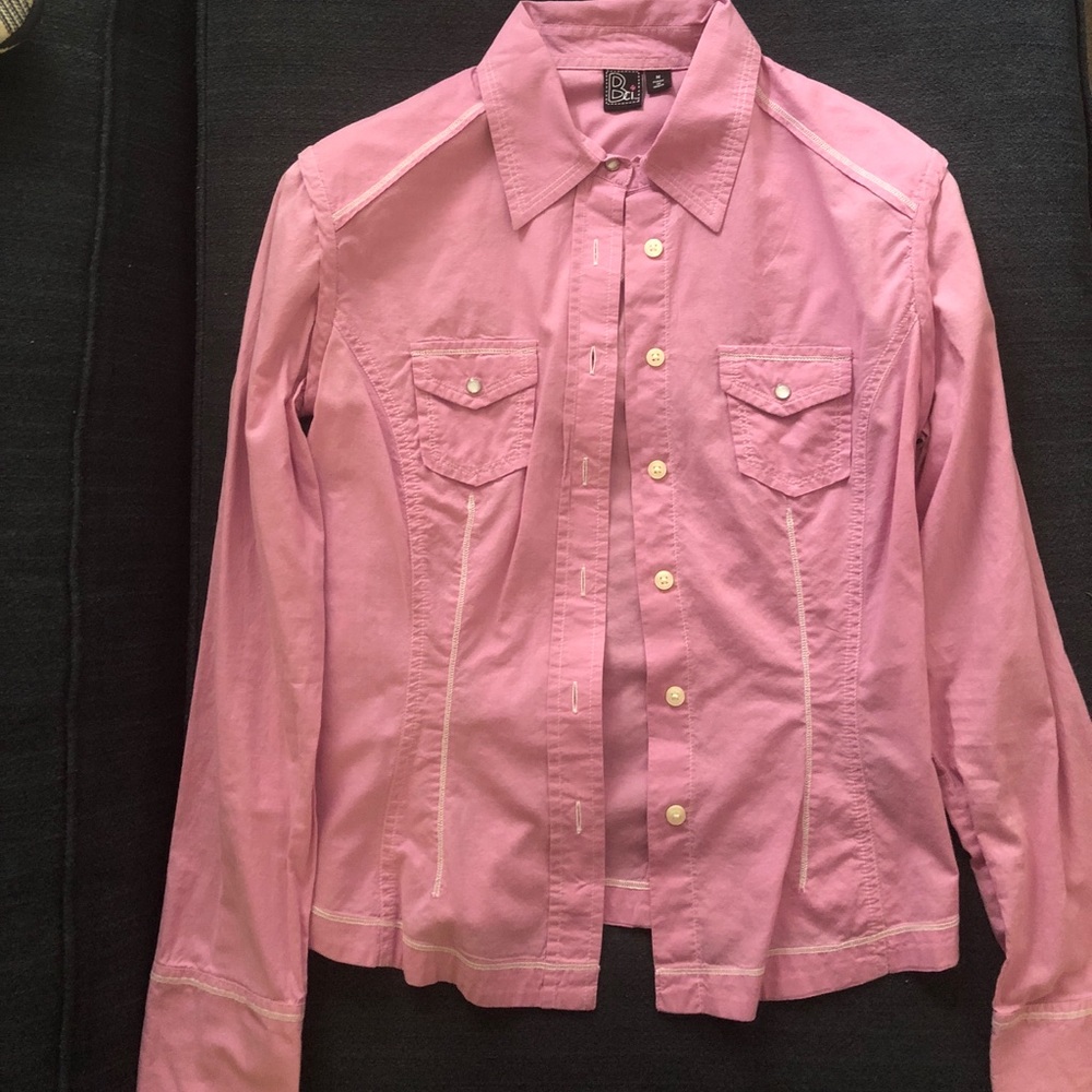 Pink Button Down Shirt with all white stitching