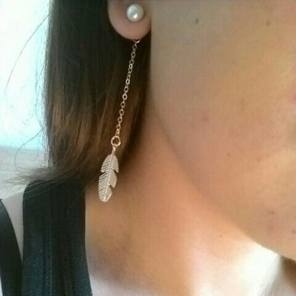 Leaf Feather Pearl Tassel Earrings