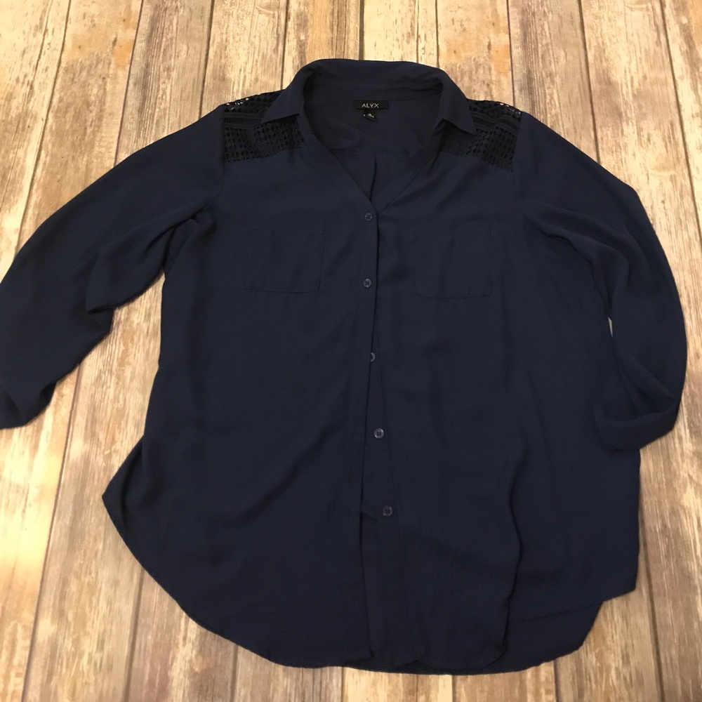Navy blue silky button down blouse