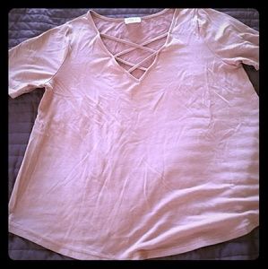 Blush criss cross lace neck t-shirt