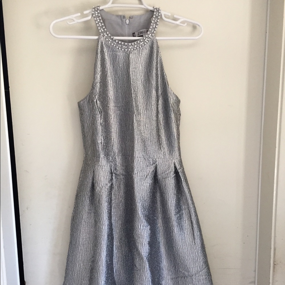 Silver cocktail dress w neckline embellishments