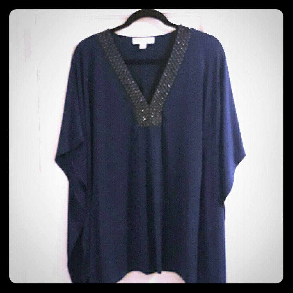 Michael Kors Blue Embellished V-Neck Tunic Top