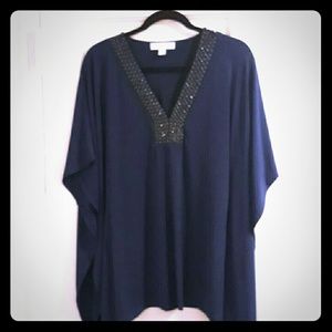 Michael Kors Blue Embellished V-Neck Tunic Top