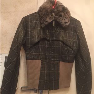 Golden Sparkle plaid jacket with fur collar