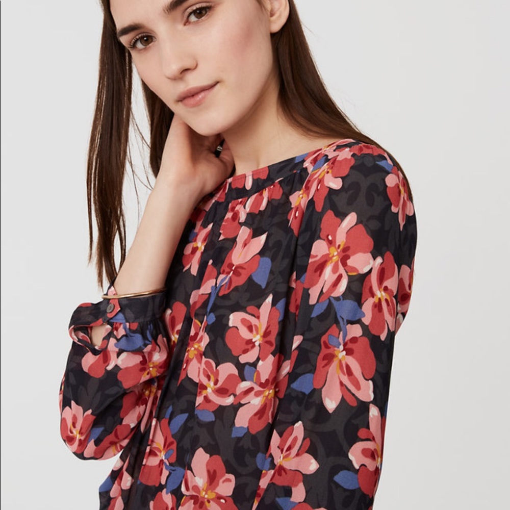 LOFT Hibiscus Shirred Blouse XS