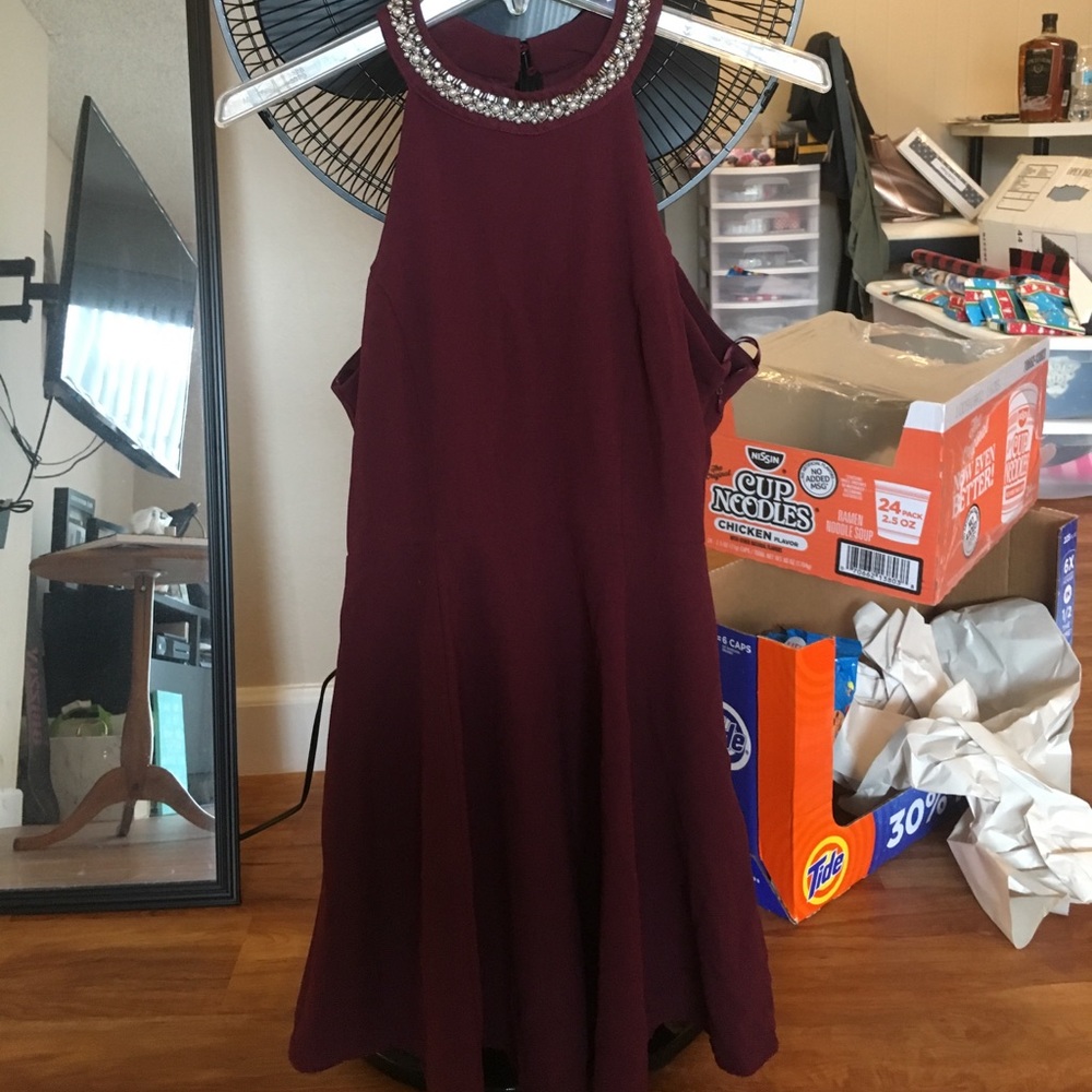 Maroon dress with pearl neckline