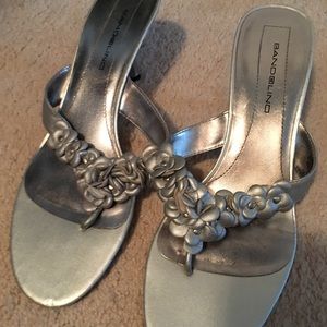 Silver/light gray open toe and backed heels