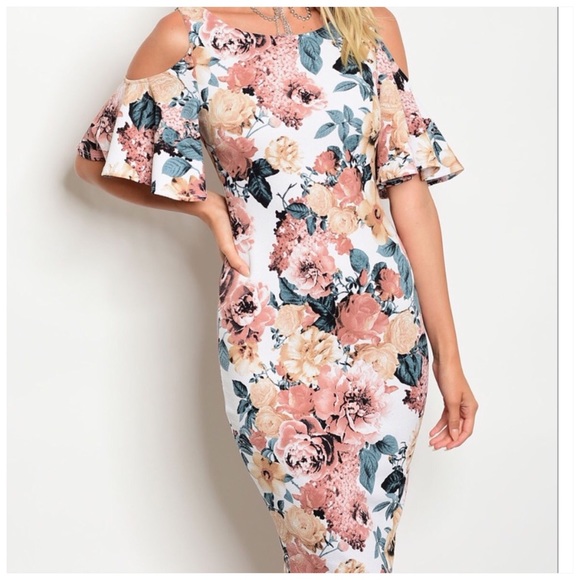 1 LEFT Floral Print Cold Shoulder Dress - Picture 2 of 3