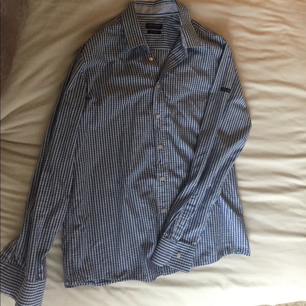 Men's blue and white button down shirt