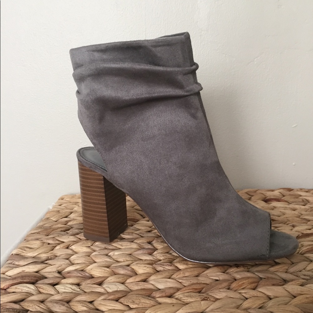 Gray suede peep toe booties