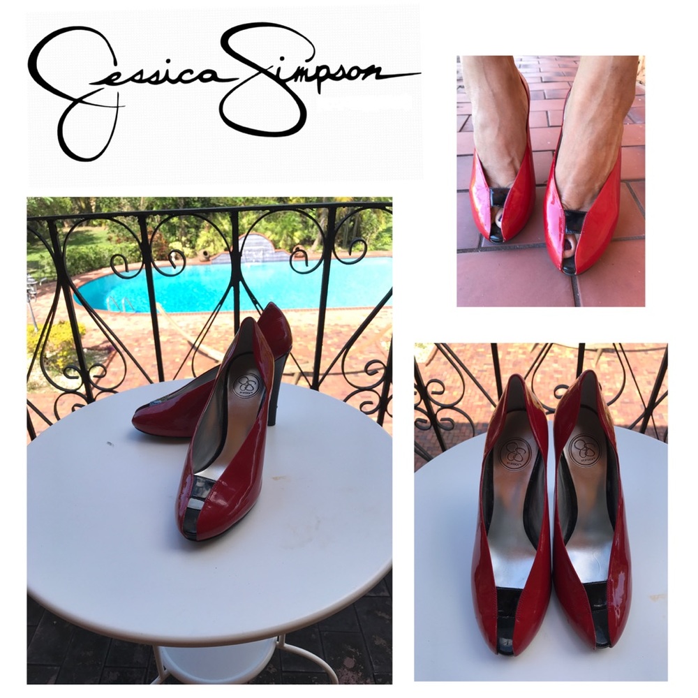 Red patent leather peep toe heels