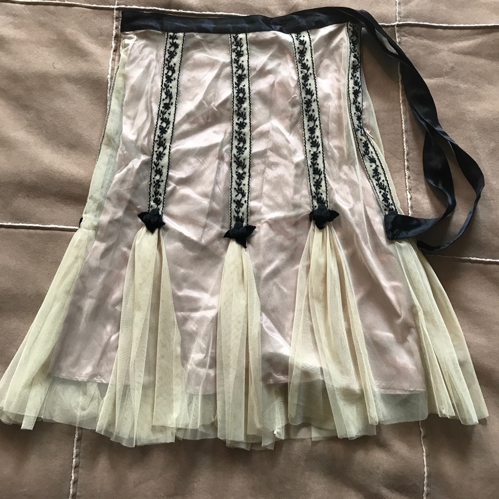 Blush pink skirt, sheer overlay, & black details.