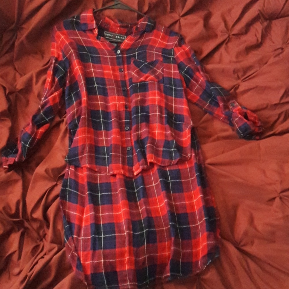 Plaid high low button blouse