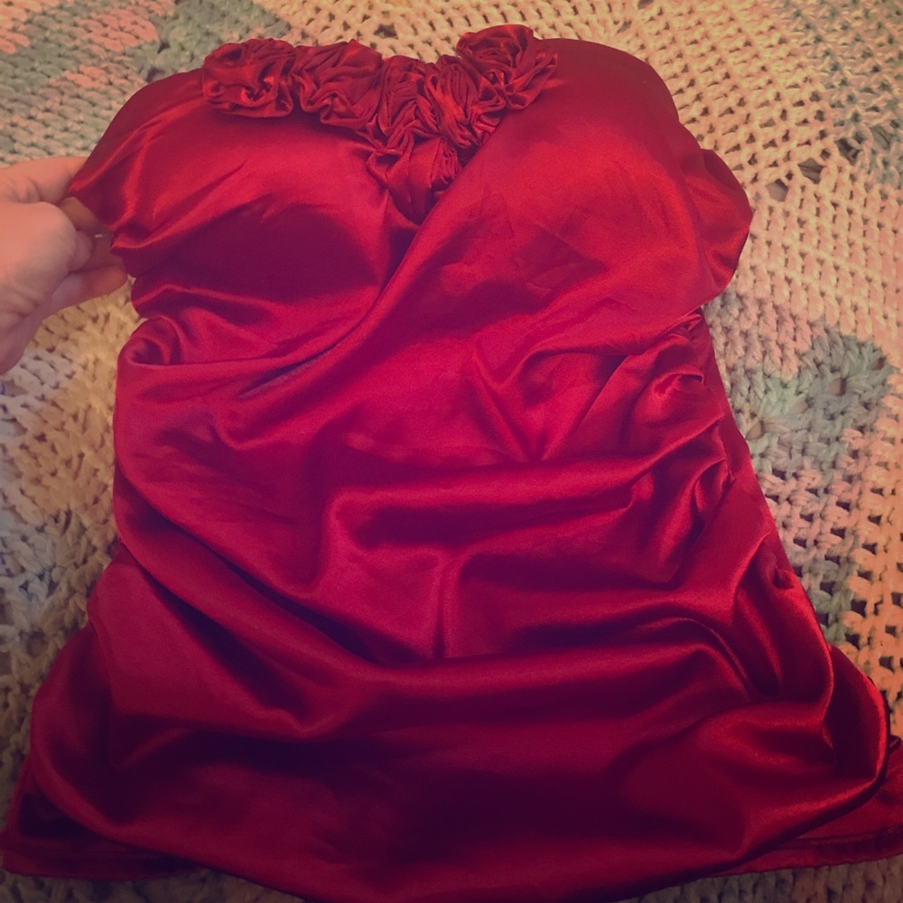 red silky strapless blouse