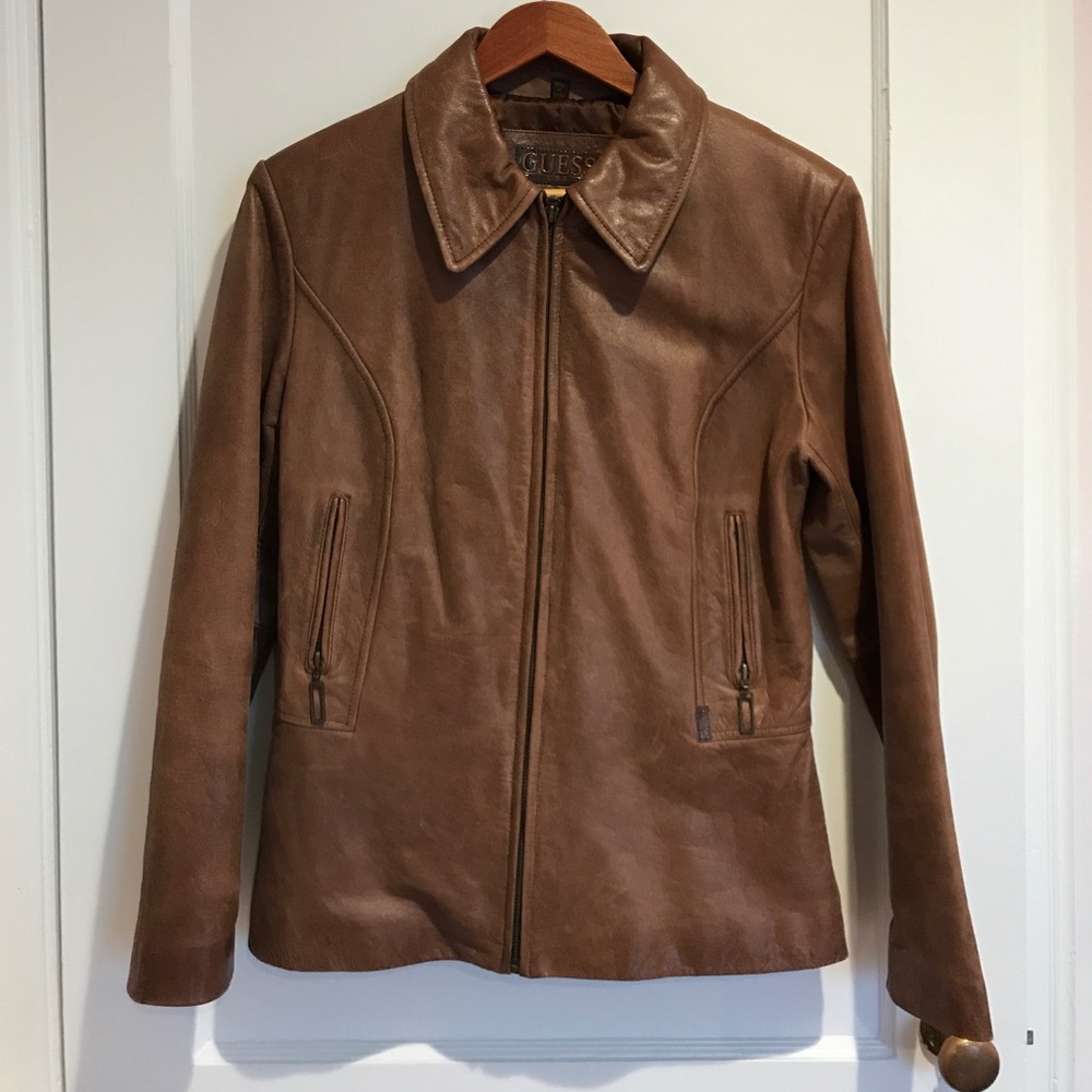 Guess brown leather jacket.