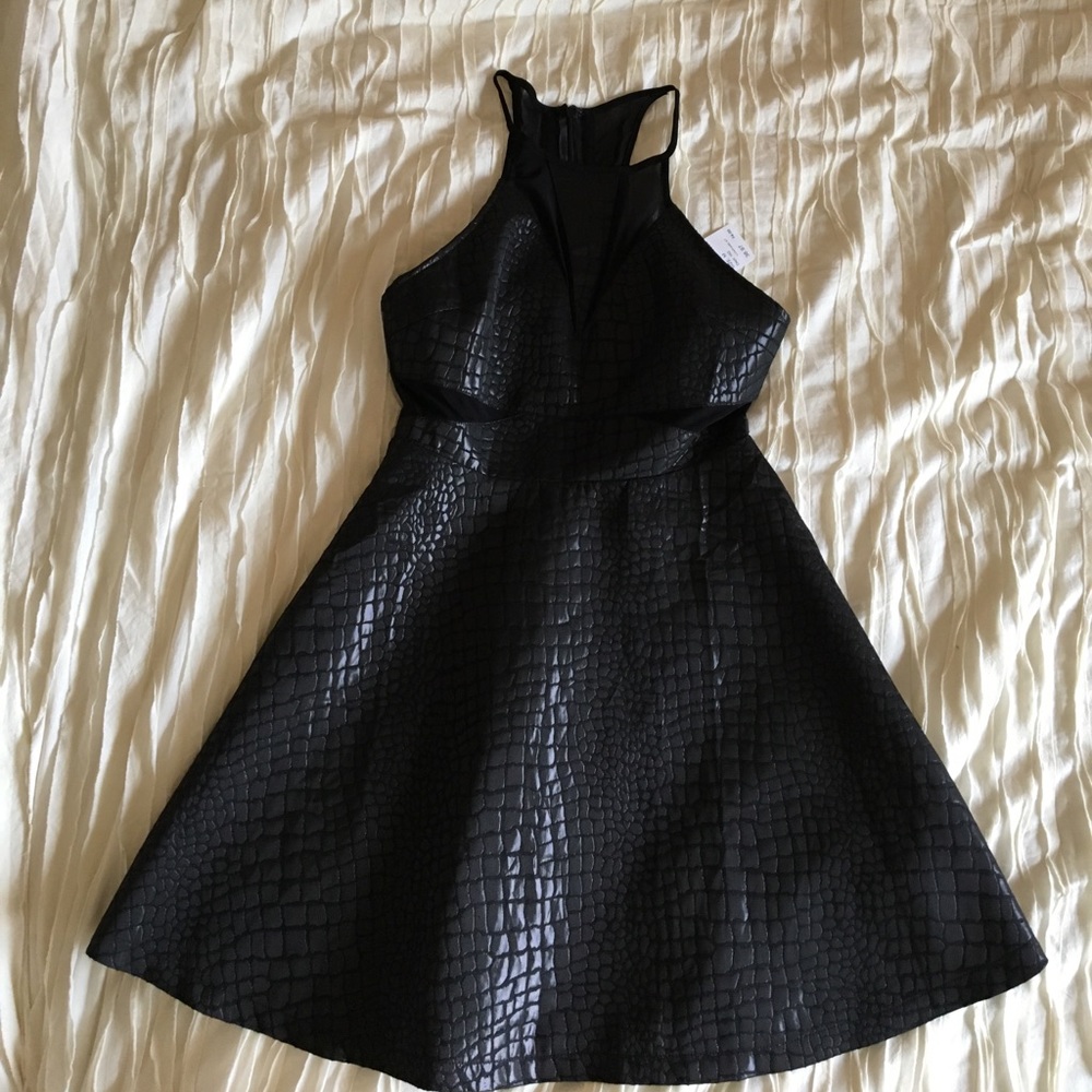Black crocodile print mesh insert skater dress