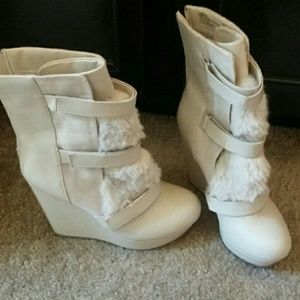 Juicy Couture White Fur Platform Wedge Boot