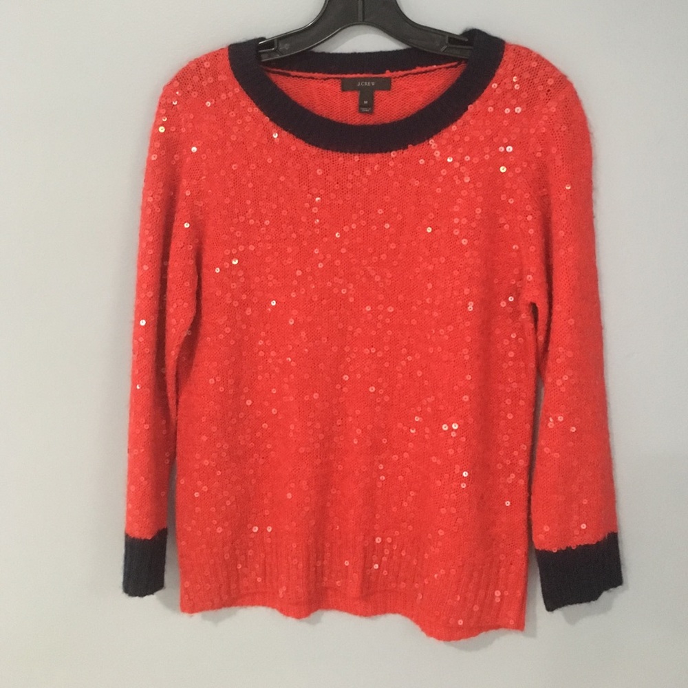 J crew red sequin sweater with navy trim