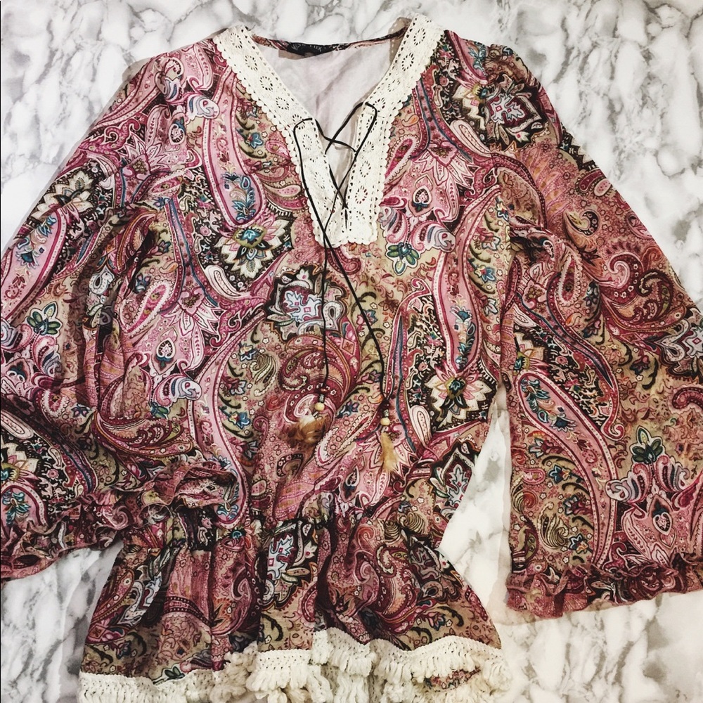 Bohemian style pink top with feather