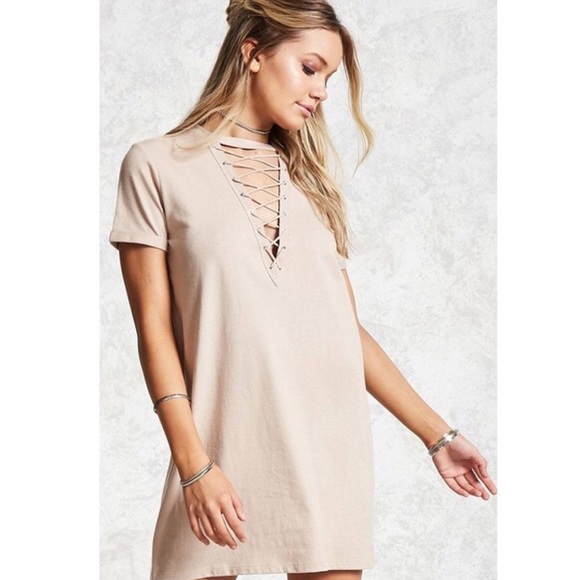 Forever 21 Dresses & Skirts - Forever 21 Nude Lace Up T-Shirt Dress