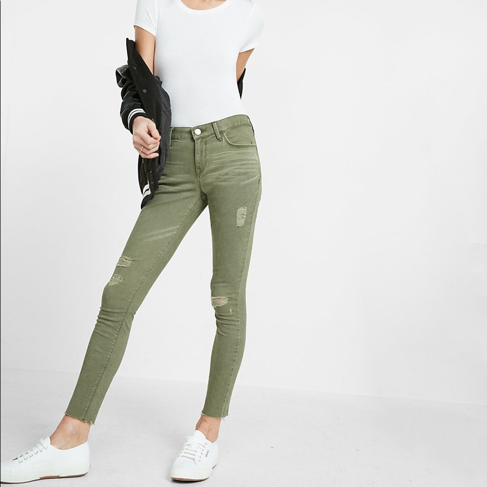 π₯HPπ₯Express Army Green Frayed Ankle Legging Jean - Picture 1 of 8