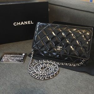 Chanel patent wallet on a chain