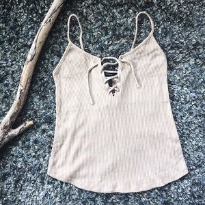 Cream lace up tank top