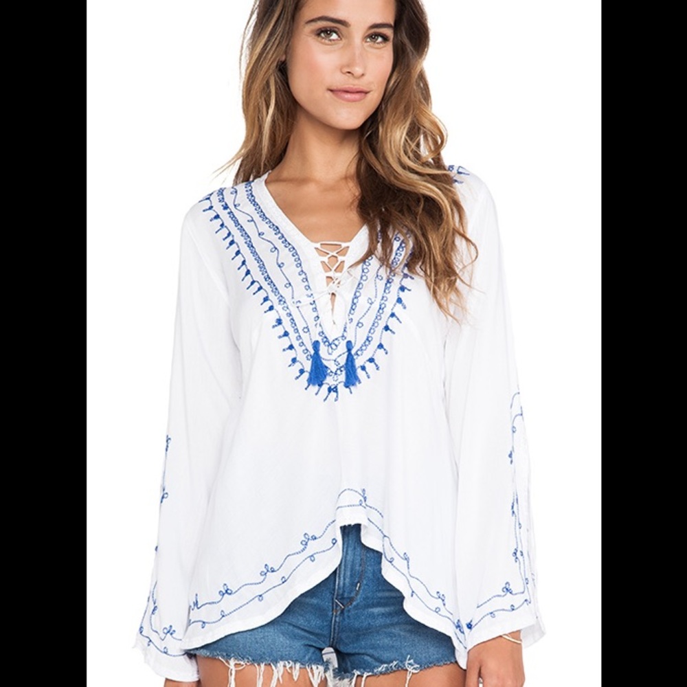 Surf Gypsy, White peasant top with Blue accents