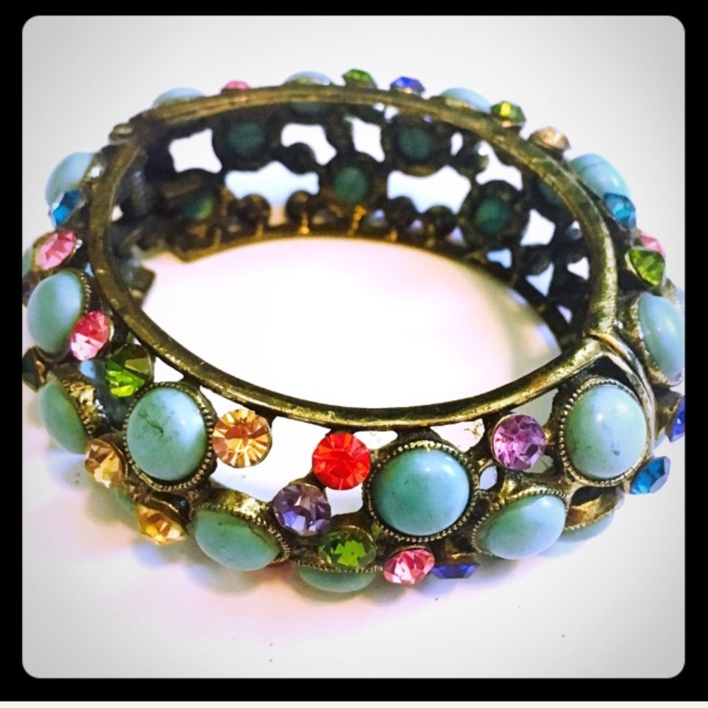 Turquoise & Multi-Color Rhinestone Cuff Bracelet