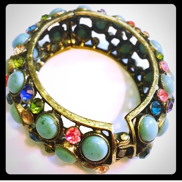 Turquoise & Multi-Color Rhinestone Cuff Bracelet - Picture 3 of 5