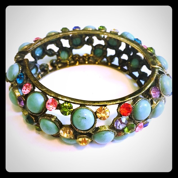 Turquoise & Multi-Color Rhinestone Cuff Bracelet - Picture 2 of 5