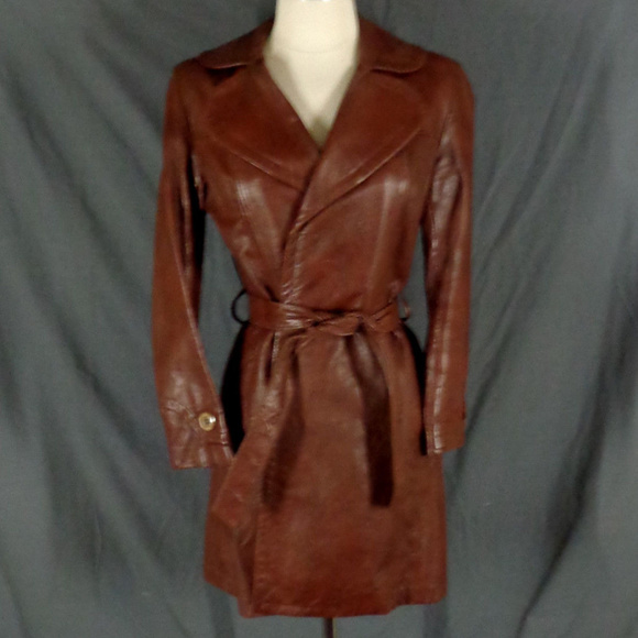 Vintage Lady Scully Brown Leather Tie Waist Trench - Picture 1 of 7