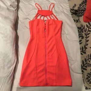 Neon pink body con cage top mini dress