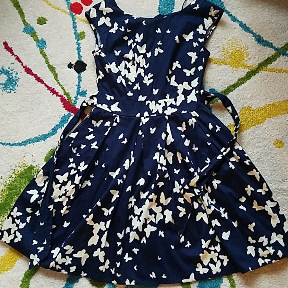 Navy Blue Butterfly Boatneck Fit&Flare Dress