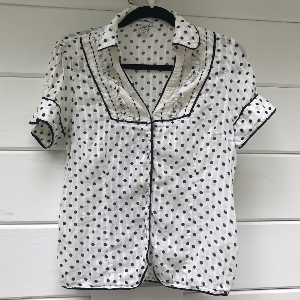 White and Navy Polka Dot button front blouse