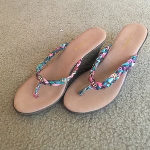 Floral wedge flip flops