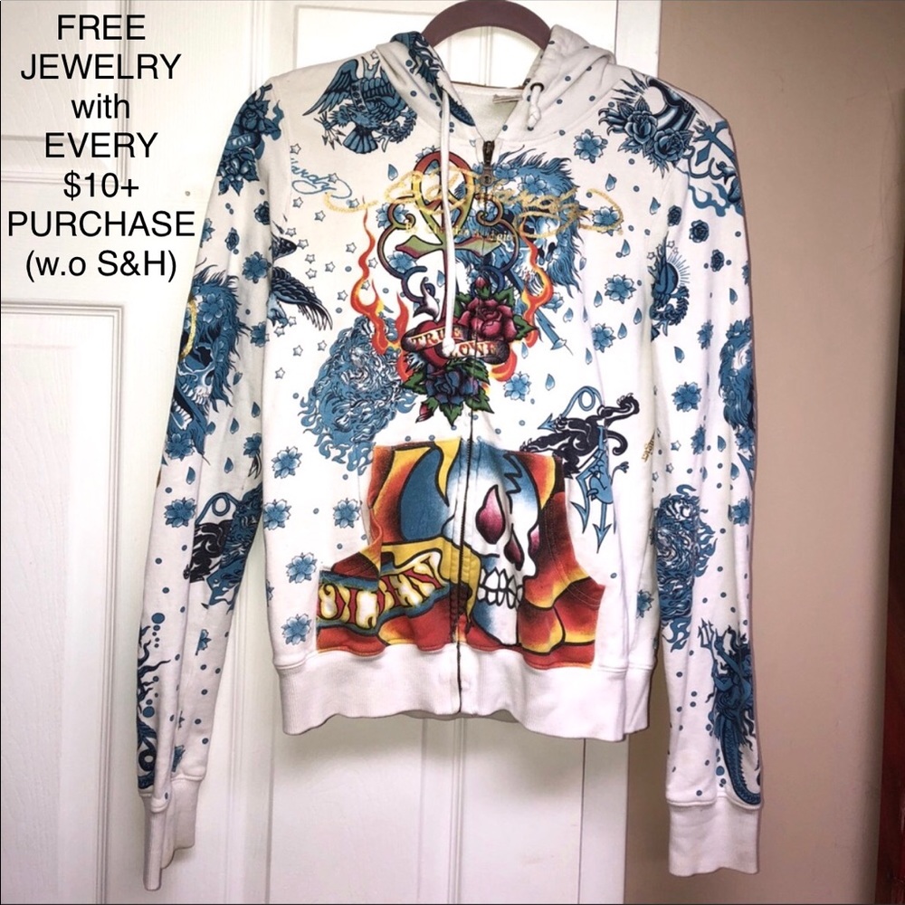 Ed Hardy white & blue hooded Sweatshirt in large