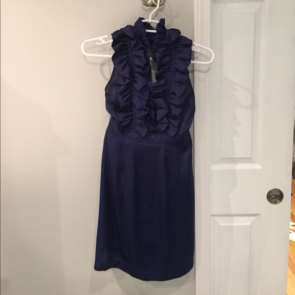 Navy blue ruffle halter dress
