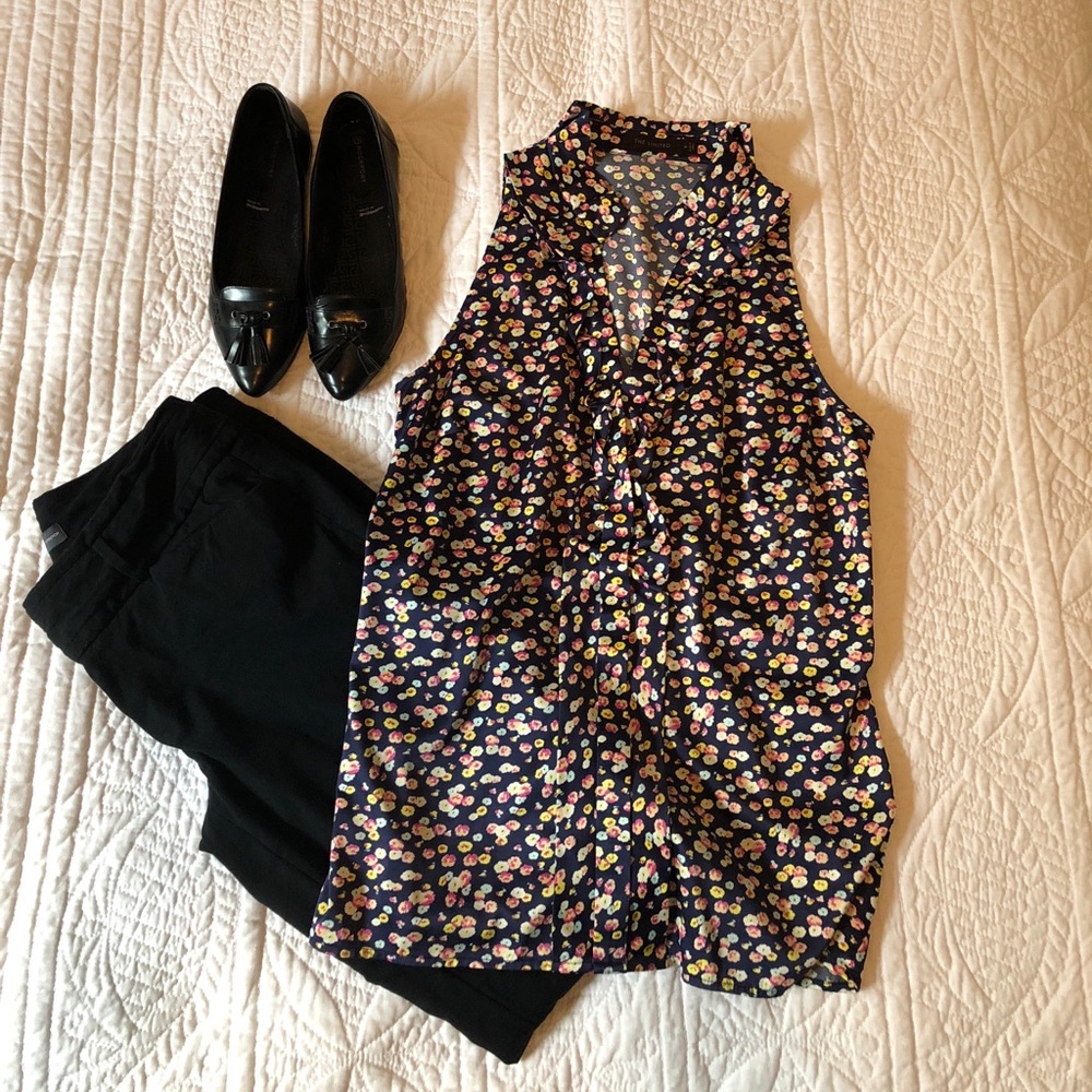 Navy with Multi Color Flowered Blouse