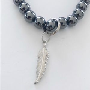 ✅GUNMETAL BEADED BRAC W SILVER ANGEL WING CHARM