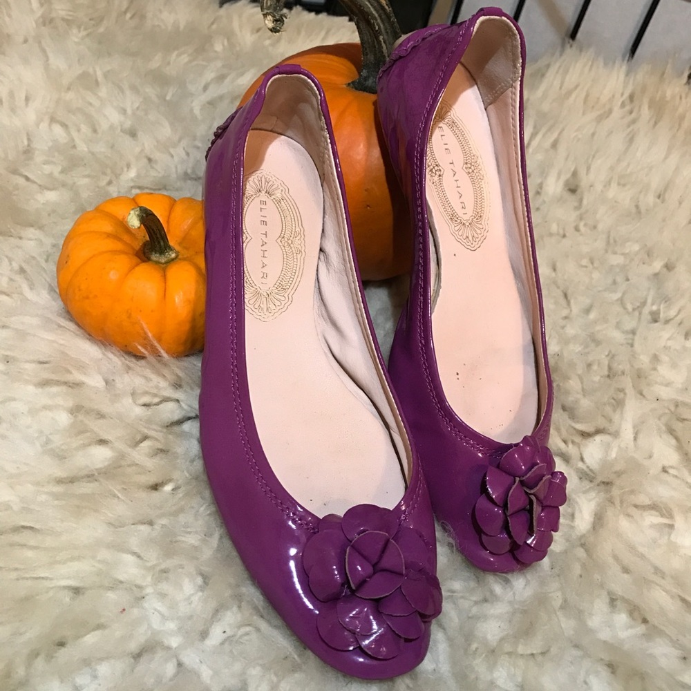 💖Eli Tahari Purple Leather Flower Flats Size 7 - Picture 3 of 6